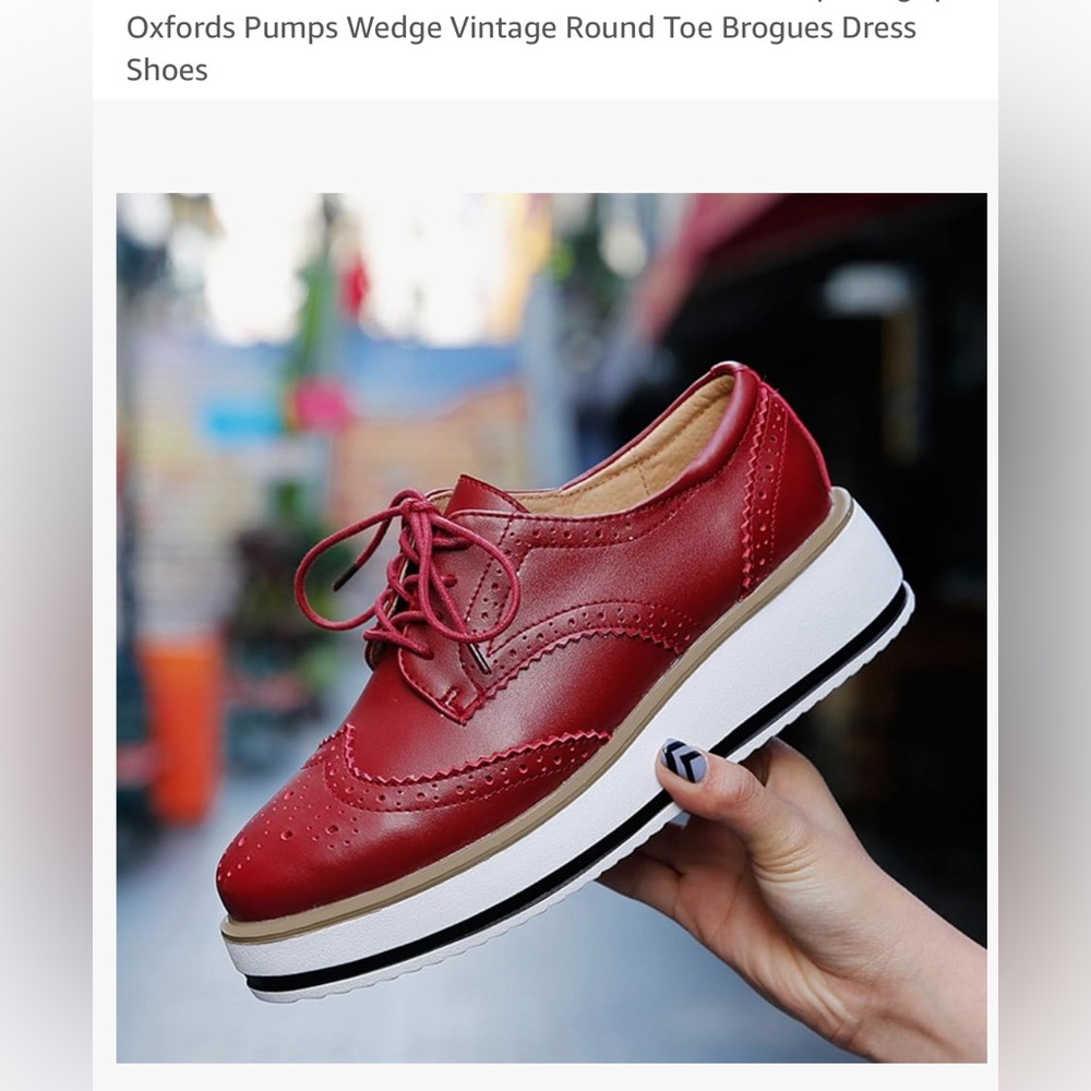 Red Retro Oxford Wedge Pumps size 8.5